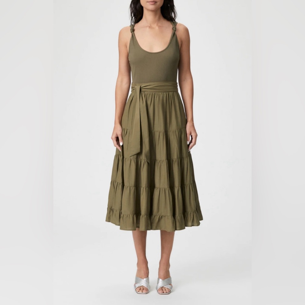 Paige Samosa Dress Ruffle Tiered Belted Midi Dark Brushed Olive Green NWT Large